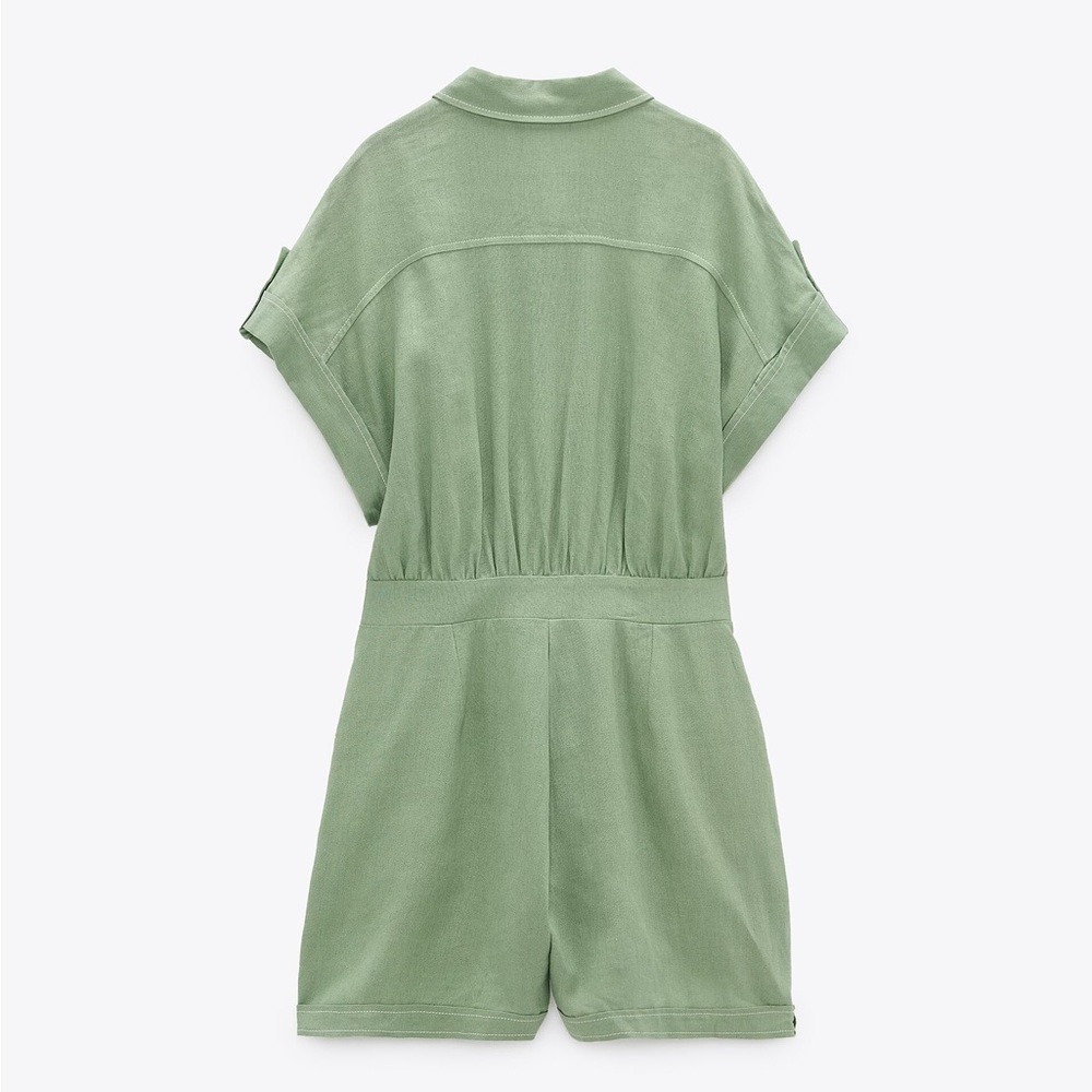 Zara Linen TOPSTITCHED Short JUMPSUIT Romper w/ Belt Green Size XS NEW - Picture 7 of 8